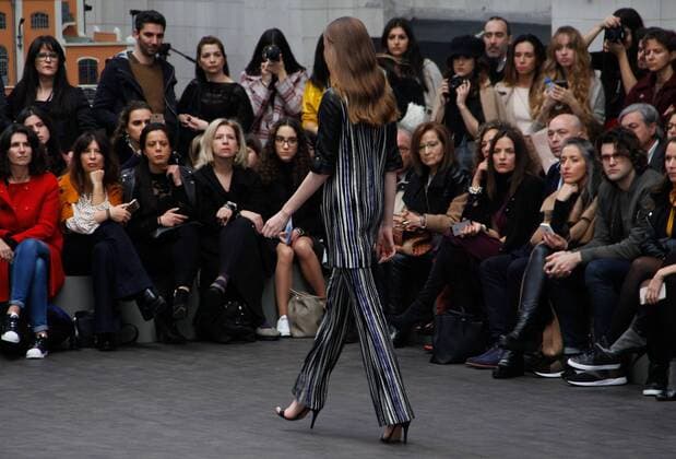 PORTUGAL FASHION WEEK A model displays a creation by portuguese designer Luis Buchinho at his Fall Winter 2016 collection fashion show during Portugal Fashion Week in Porto.  NUNOxGUIMARAES