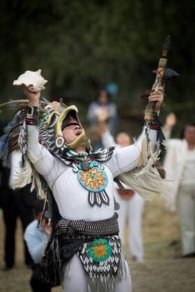 A man takes part in a ceremony to celebrate the spring equinox in the archaeological zone of Cuicuilco in Mexico City, capital of Mexico, on March 21, 2016. Spring equinox marks the sun s crossing of the Equator and the start of spring in the Northern Hemisphere. Each year, ceremonies are held in Mexico to celebrate the spring equinox. ) MEXICO-MEXICO CITY-SPRING-EQUINOX PedroxMera 