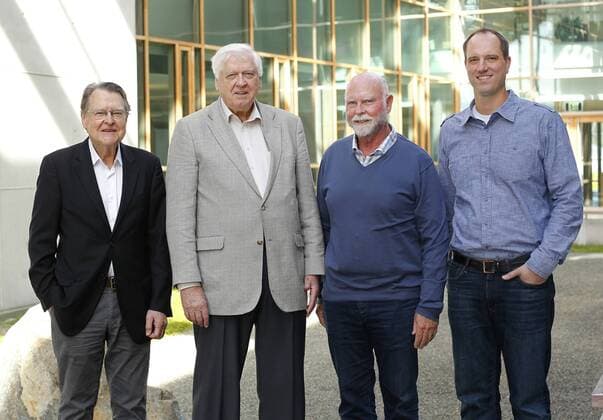 March 21, 2016 - San Diego, CA, USA - SAN DIEGO, CA - MARCH 21, 2015 - Pioneering geneticist J. Craig Venter and a team from the J. Craig Venter Institute in La Jolla have designed and synthesized a minimal bacterial genome, consisting of 473 genes, the only genes necessary for life. From left to right are, Clyde Hutchison, Hamilton Smith, J. Craig Venter, and Daniel Gibson. ( San Diego USA - ZUMAs44_
