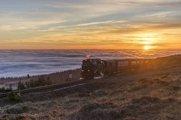 Germany, Saxony-Anhalt, Harz National Park, Brocken, Harz Narrow Gauge Railway in the evening in winter property released  PVCF000794
