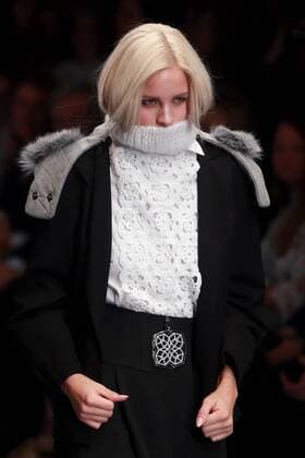 MOSCOW, RUSSIA. MARCH 24, 2016. A model showcases a creation by Russian designer Victoria Andreyanova at the 2016 Moscow Fashion Week in Moscow s Gostiny Dvor. Sergei Fadeichev TASS  TS01D5BE