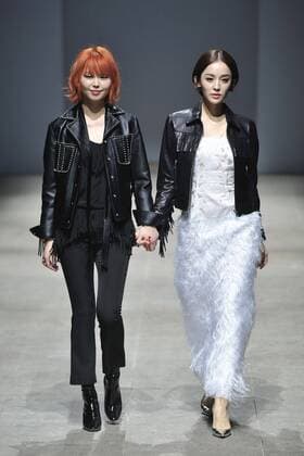 BEIJING, CHINA - MARCH 24: (CHINA OUT) Fashion designer Zhao Tao (L), actress and model Gulnazar showcase on runway during the 2016 Alexander.T.Zhao Collection Autumn Winter on March 24, 2016 in Beijing, China.  CFP481674656
