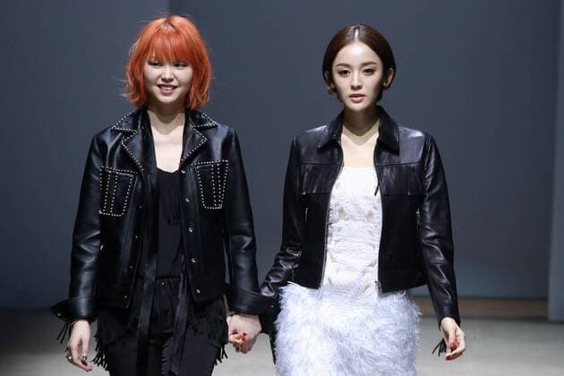 BEIJING, CHINA - MARCH 24: (CHINA OUT) Fashion designer Zhao Tao (L), actress and model Gulnazar showcase on runway during the 2016 Alexander.T.Zhao Collection Autumn Winter on March 24, 2016 in Beijing, China.  CFP481674662
