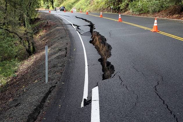 March 14, 2016 - Napa, CA, U.S. - Highway 121, just past Wooden Valley Road, is closed due to erosion following heavy rains. The California Highway Patrol reports the roadway may be closed up to a month. Napa U.S. - ZUMAna3_