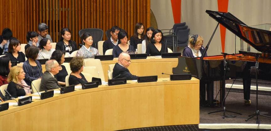 Japan marks 60th year of U.N. membership with concert at global body Acclaimed Swedish-Japanese pianist Ingrid Fuzjko Hemming performs at the U.N. headquarters in New York on April 1, 2016 to mark Japan s 60 years of membership of the international body. 