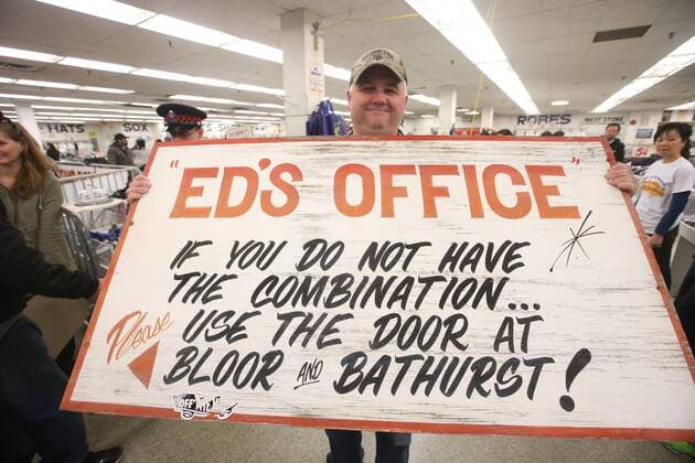 April 3, 2016 - Toronto, ON, Canada - TORONTO, ON - APRIL 3 - -Dave Hawthorne holds up a sign(most expensive sign) that he wants to buy at Honest Ed s hand painted sign sale. Toronto Canada  - ZUMAt14_