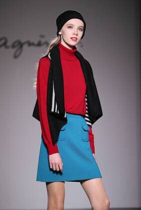April 7, 2016, Tokyo, Japan - A model displays creation of French brand agnes b. during 2016-2017 fall and winter collection in Tokyo on Thursday, April 7, 2016.  (lwxa001007)
