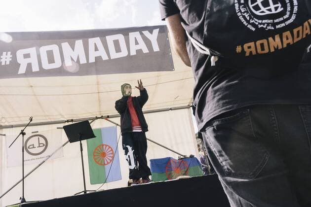 April 8, 2016 - Berlin, Berlin, Germany - Roma musician playing their national anthem during the ROMADAY Rally in front of Brandenburg Gate for residence rights for Roma in Germany and against racial discrimination. Berlin Germany - ZUMAs172