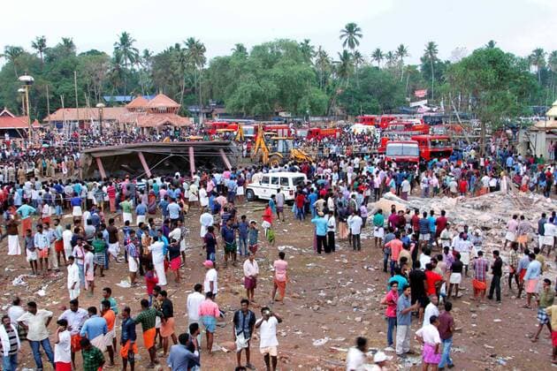 (160410) -- KERALA (INDIA), April 10, 2016 -- The site of the Puttingal Devi temple fire is seen in the southern Indian state Kerala, on April 10, 2016. In a major tragedy, over 80 people, including some policemen, were killed and 250 injured in a major fire caused by festive firework at the famous Puttingal Devi temple in Paravur, Kollam of the southern Indian state Kerala early Sunday morning, said police. INDIA-KERALA-PUTTINGAL DEVI TEMPLE-FIRE stringer 