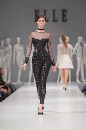 A model presents a creation by Hungarian designer Nora Sarman during Elle Fashion Show in Budapest, Hungary, April 15, 2016. ) (lyi) HUNGARY-BUDAPEST-FASHION SHOW AttilaxVolgyi 