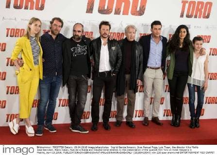 Ingrid Garcia Jonsson, Jose Manuel Poga, Luis Tosar, the director Kike Maillo Jose Sacristan, Mario Casas, Nya de la Rubia and Claudia Canal attends to the presentation of the spanish film Toro at Hotel Hesperia in Madrid, April 19,2016.  (20160419045)