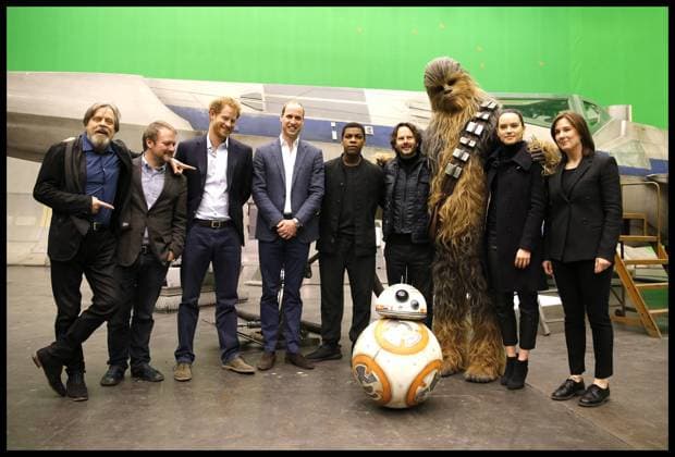 . 19 04 2016. London, United Kingdom. Prince William and Harry visit Star Wars film set. (L-R) US actor Mark Hamill, US director Rian Johnson, Britain s Prince Harry, Britain s Prince William, Duke of Cambridge, British actor John Boyega, Chewbacca and British actress Daisy Ridley pose during a tour of the Star Wars sets at Pinewood studios in Iver Heath, west of London on April 19, 2016. Prince William and Prince Harry are touring Pinewood to visit the production workshops and meet the creative teams working behind the scenes on the Star Wars films  xWPAxRotaxx xi-Imagesx IIM-12448-0007