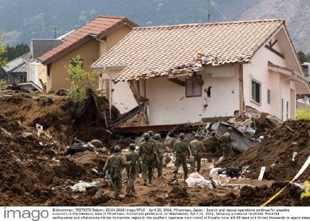 April 20, 2016, Minamiaso, Japan - Search and rescue operations continue for possible survivors in the Kawayou area of Minamiaso, Kumamoto prefecture, on Wednesday, April 20, 2016, following a massive landslide. Powerful earthquakes and aftershocks hit the Kumamoto region in the southern Japanese main island of Kyushu have left 59 dead and forced thousands to spend sleepless nights in temporary shelters and outdoors.  (uukb002984)