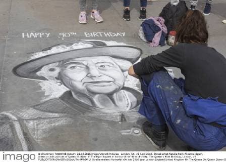 London, UK. 21 April 2016. Street artist Natalia from Alicante, Spain, draws a chalk portrait of Queen Elizabeth in Trafalgar Square in honour of her 90th birthday. The Queen s 90th Birthday, London, UK 