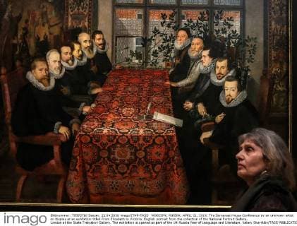 MOSCOW, RUSSIA. APRIL 21, 2016. The Somerset House Conference by an unknown artist on display at an exhibition titled From Elizabeth to Victoria. English portrait from the collection of the National Portrait Gallery, London at the State Tretyakov Gallery. The exhibition is opened as part of the UK-Russia Year of Language and Literature. Valery Sharifulin TASS  TS020604
