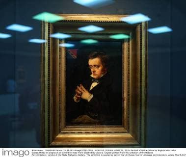 MOSCOW, RUSSIA. APRIL 21, 2016. Portrait of Wilkie Collins by English artist John Everett Millais on display at an exhibition titled From Elizabeth to Victoria. English portrait from the collection of the National Portrait Gallery, London at the State Tretyakov Gallery. The exhibition is opened as part of the UK-Russia Year of Language and Literature. Valery Sharifulin TASS  TS02062C