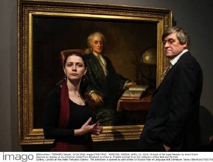 MOSCOW, RUSSIA. APRIL 21, 2016. Portrait of Sir Isaac Newton by artist Enoch Seeman on display at an exhibition titled From Elizabeth to Victoria. English portrait from the collection of the National Portrait Gallery, London at the State Tretyakov Gallery. The exhibition is opened as part of the UK-Russia Year of Language and Literature. Valery Sharifulin TASS  TS02062D