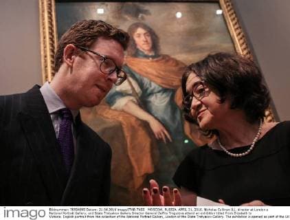 MOSCOW, RUSSIA. APRIL 21, 2016. Nicholas Cullinan (L), director at London s National Portrait Gallery, and State Tretyakov Gallery Director General Zelfira Tregulova attend an exhibition titled From Elizabeth to Victoria. English portrait from the collection of the National Portrait Gallery, London at the State Tretyakov Gallery. The exhibition is opened as part of the UK-Russia Year of Language and Literature. Valery Sharifulin TASS  TS02062E