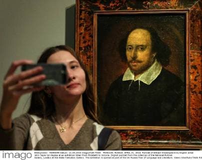 MOSCOW, RUSSIA. APRIL 21, 2016. Portrait of William Shakespeare by English artist John Taylor on display at an exhibition titled From Elizabeth to Victoria. English portrait from the collection of the National Portrait Gallery, London at the State Tretyakov Gallery. The exhibition is opened as part of the UK-Russia Year of Language and Literature. Valery Sharifulin TASS  TS020632