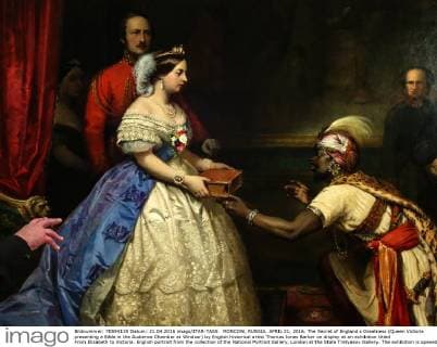 MOSCOW, RUSSIA. APRIL 21, 2016. The Secret of England s Greatness (Queen Victoria presenting a Bible in the Audience Chamber at Windsor) by English historical artist Thomas Jones Barker on display at an exhibition titled From Elizabeth to Victoria. English portrait from the collection of the National Portrait Gallery, London at the State Tretyakov Gallery. The exhibition is opened as part of the UK-Russia Year of Language and Literature. Valery Sharifulin TASS  TS020633