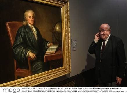 MOSCOW, RUSSIA. APRIL 21, 2016. Mikhail Shvydkoi, presidential representative for international cultural cooperation, seen by Portrait of Sir Isaac Newton by artist Enoch Seeman at an exhibition titled From Elizabeth to Victoria. English portrait from the collection of the National Portrait Gallery, London at the State Tretyakov Gallery. The exhibition is opened as part of the UK-Russia Year of Language and Literature. Valery Sharifulin TASS  TS020635