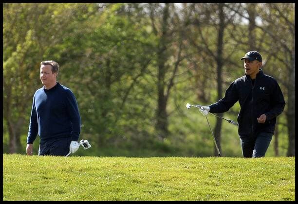 . 23 04 2016. London, United Kingdom. David Cameron and President Obama playing golf. The British Prime Minister David Cameron and the President of the United States President Obama playing golf at the Grove Golf Club.  xAndrewxParsonsx xi-Imagesx IIM-12491-0006