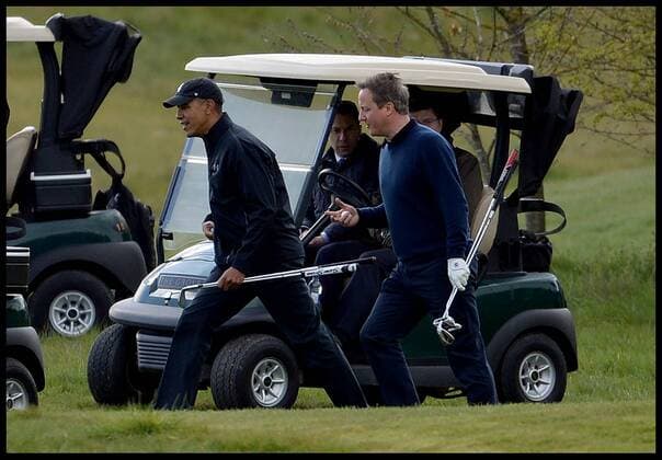 . 23 04 2016. London, United Kingdom. David Cameron and President Obama playing golf. The British Prime Minister David Cameron and the President of the United States President Obama playing golf at the Grove Golf Club.  xAndrewxParsonsx xi-Imagesx IIM-12491-0007