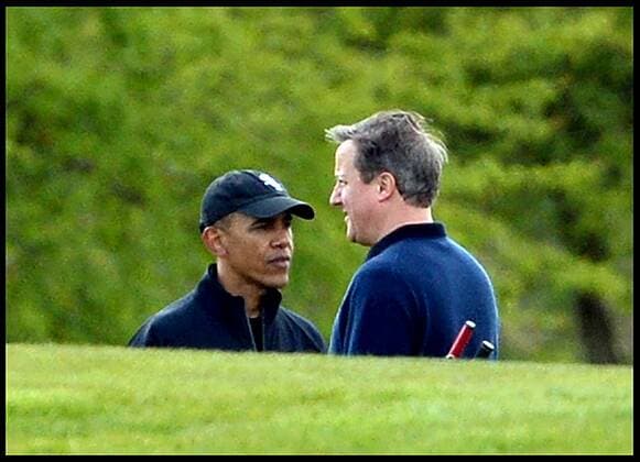 . 23 04 2016. London, United Kingdom. David Cameron and President Obama playing golf. The British Prime Minister David Cameron and the President of the United States President Obama playing golf at the Grove Golf Club.  xAndrewxParsonsx xi-Imagesx IIM-12491-0009