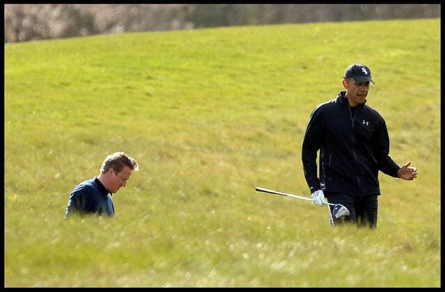 . 23 04 2016. London, United Kingdom. David Cameron and President Obama playing golf. The British Prime Minister David Cameron and the President of the United States President Obama playing golf at the Grove Golf Club.  xAndrewxParsonsx xi-Imagesx IIM-12491-0010