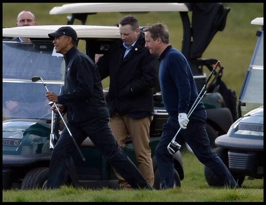 . 23 04 2016. London, United Kingdom. David Cameron and President Obama playing golf. The British Prime Minister David Cameron and the President of the United States President Obama playing golf at the Grove Golf Club.  xAndrewxParsonsx xi-Imagesx IIM-12491-0014