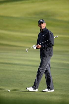 . 23 04 2016. London, United Kingdom. David Cameron and President Obama playing golf.  xAndrewxParsonsx xi-Imagesx IIM-12491-0028