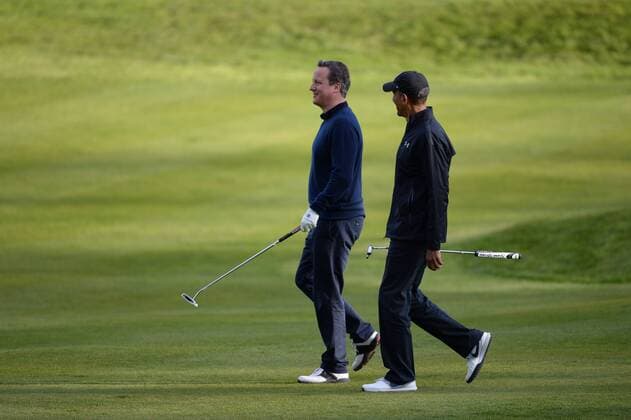 . 23 04 2016. London, United Kingdom. David Cameron and President Obama playing golf.  xAndrewxParsonsx xi-Imagesx IIM-12491-0035