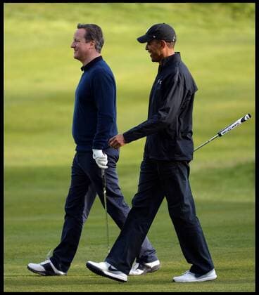 . 23 04 2016. London, United Kingdom. David Cameron and President Obama playing golf. The British Prime Minister David Cameron playing golf against the President of the United States, President Obama at golf at the Grove Golf Club.  xAndrewxParsonsx xi-Imagesx IIM-12491-0058
