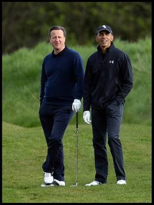 . 23 04 2016. London, United Kingdom. David Cameron and President Obama playing golf. The British Prime Minister David Cameron playing golf against the President of the United States, President Obama at golf at the Grove Golf Club.  xAndrewxParsonsx xi-Imagesx IIM-12491-0064