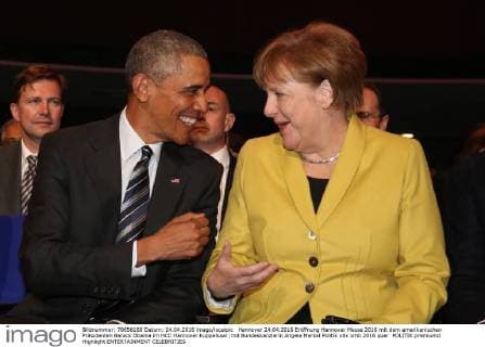 Hannover 24.04.2016 Eröffnung Hannover Messe 2016 mit dem amerikanischen Präsidenten Barack Obama im HCC Hannover Kuppelsaal ;mit Bundeskanzlerin Angela Merkel