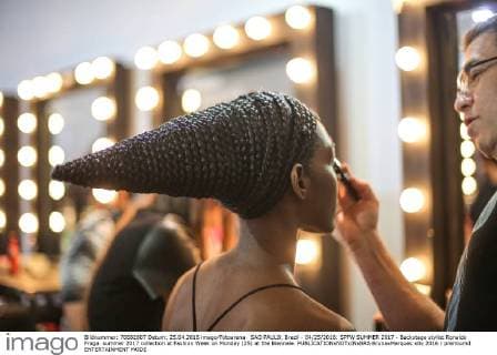 SAO PAULO, Brazil - 04 25 2016: SPFW SUMMER 2017 - Backstage stylist Ronaldo Fraga. summer 2017 collection at Fashion Week on Monday (25) at the Biennale.  BrunaxMarques