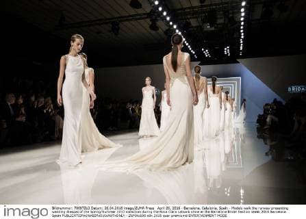 April 26, 2016 - Barcelona, Catalonia, Spain - Models walk the runway presenting wedding dresses of the Spring Summer 2017 collection during the Rosa Clara catwalk show at the Barcelona Bridal Fashion Week 2016 Barcelona Spain - ZUMAo105