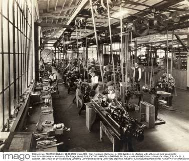 San Francisco, California: c. 1910 Workers in a factory with lathes and tools powered by belt drives Underwood Archives The Image Works xUnderwoodxArchives 1-Work-Fact-Men_7