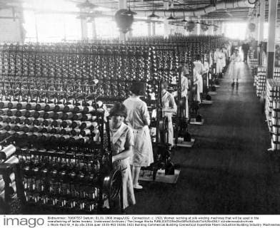 Connecticut: c. 1921 Women working at silk winding machines that will be used in the manufactring of ladies hosiery. Underwood Archives The Image Works xUnderwoodxArchives 1-Work-Fact-W_4