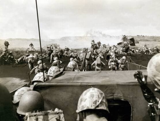 Iwo Jima, Japan: March 2, 1945 Fourth Division Marines charging from their landing craft onto the beach in the battle at Iwo Jima. Underwood Archives The Image Works xUnderwoodxArchives 4-WWII-US-P-Mar_6