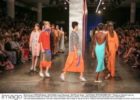 SAO PAULO, Brazil - 26 04 2016: SPFW SUMMER 2017 - The brand A.Brand made his debut at Fashion Week on Tuesday (26) with a collection inspired by Hawaii. The brand conversation with the audience who likes cheerful, light and desencanadas parts, but that brings information that is legal to use at the time.  BrunaxMarques