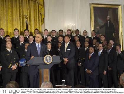 President Barack Obama delivers remarks as he welcome the United States Naval Academy Football Team to the White House to present them with the 2015 Commander-in-Chief?s Trophy, at the White House in Washington, D.C. on April 27, 2016. The Commander-in-Chief s Trophy is awarded to each season s winner of the American college football triangular series among the teams of the U.S. Military Academy, the U.S. Naval Academy, and U.S. Air Force Academy.  WAP20160427331 KEVINxDIETSCH