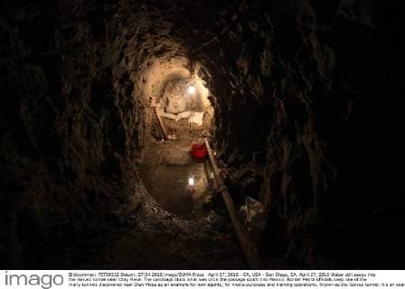 April 27, 2016 - CA, USA - San Diego, CA. April 27, 2016 Water still seeps into the Galvez tunnel near Otay Mesa. The sandbags block what was once the passage south into Mexico. Border Patrol officials keep one of the many tunnels discovered near Otay Mesa as an example for new agents, for media purposes and training operations. Known as the Galvez tunnel, it s an example of one of the more developed tunnels, having nearly twice the height of the recently discovered tunnels, with electrical wiring and rails for moving bundles under the border. Mandatory photo credit: USA - ZUMAs44_