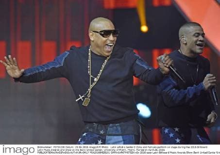 Latin artist s Gente D Zona and Farruko perform on stage during the 2016 Billboard Latin Music Awards and Show at the Bank United Center, University of Miami, Miami, Florida on April 28, 2016.  MIA20160428101 GARYxIxROTHSTEIN