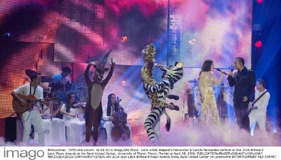 Latin artist Alejandro Fernandez & Camila Fernandez perform at the 2016 Billboard Latin Music Awards at the Bank United Center, University of Miami, Miami, Florida on April 28, 2016.  MIA20160428123 GARYxIxROTHSTEIN