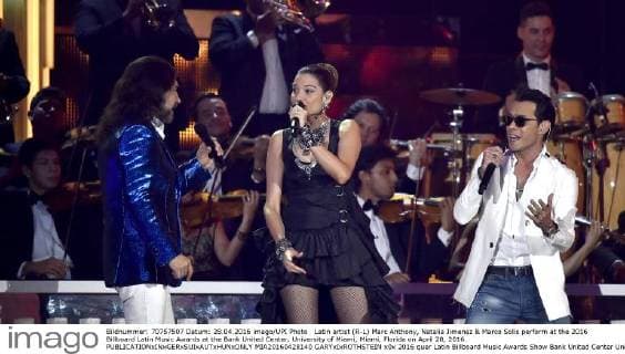 Latin artist (R-L) Marc Anthony, Natalia Jimenez & Marco Solis perform at the 2016 Billboard Latin Music Awards at the Bank United Center, University of Miami, Miami, Florida on April 28, 2016.  MIA20160428140 GARYxIxROTHSTEIN
