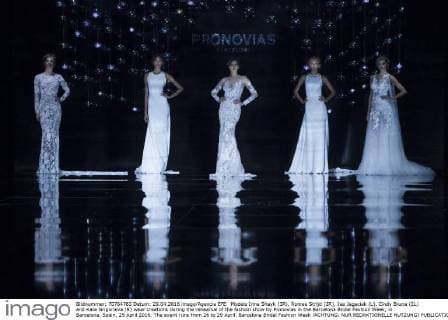 Models Irina Shayk (3R), Romee Strijd (2R), Jae Jagaciak (L), Cindy Bruna (2L) and Kate Grigorieva (R) wear creations during the rehearsal of the fashion show by Pronovias in the Barcelona Bridal Fashion Week, in Barcelona, Spain, 29 April 2016. The event runs from 26 to 29 April. Barcelona Bridal Fashion Week !ACHTUNG: NUR REDAKTIONELLE NUTZUNG!  BRI01 20160429-635975626743154305