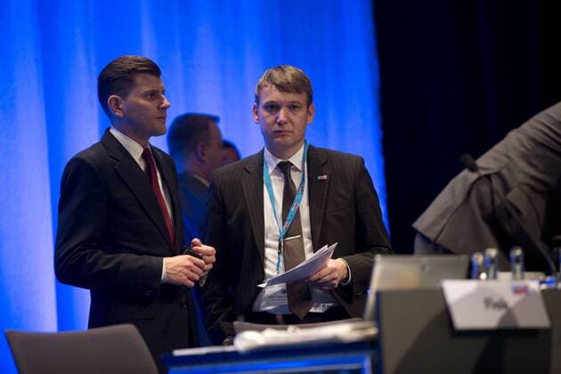 Deutschland, Stuttgart, Messe, Bundesparteitag der Alternative für Deutschlan AfD, Sprecher Christian Lüth und Andre Poggenburg, 30.04.2016