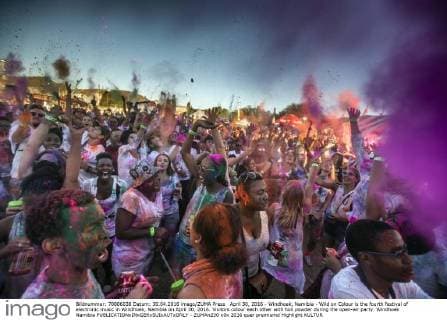 April 30, 2016 - Windhoek, Namibia - Wild on Colour is the fourth festival of electronic music in Windhoek, Namibia on April 30, 2016. Visitors colour each other with holi powder during the open-air party. Windhoek Namibia  - ZUMAn230