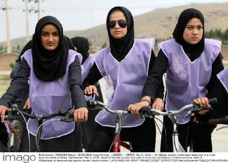 (160502) -- HERAT, May 2, 2016 -- An Afghan women cyclist team take part in a cycle event in Herat province, Afghanistan, May 2, 2016. Some 25 female cyclists took part in a cycling competition in Herat province, west of Afghanistan to demonstrate against gender discrimination. ) AFGHANISTAN-HERAT-FEMALE CYCLIST COMPETITION NasimxSeyamak 